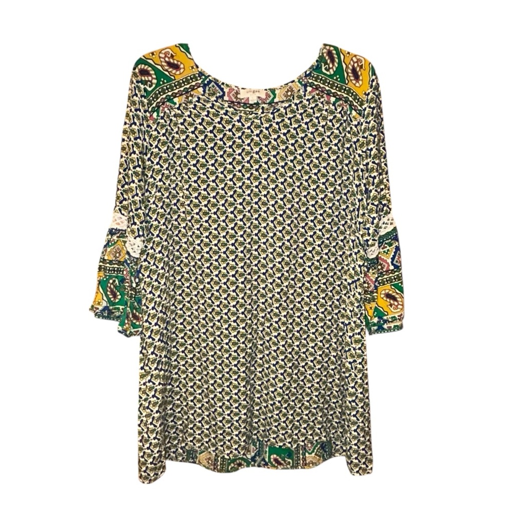 Umgee Boho Mixed Print Tunic Top Green Yellow Large Hippie Festival Flowy Fairy